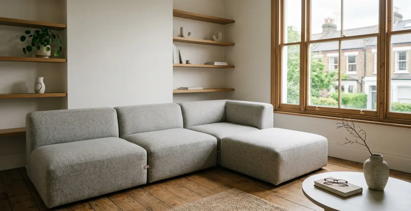 A compact London flat interior showcasing modular furniture pieces arranged in an adaptable configuration with natural light and minimalist aesthetic