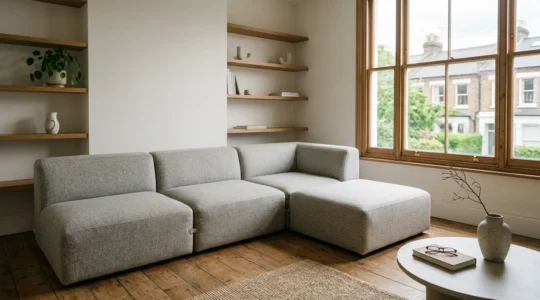 A compact London flat interior showcasing modular furniture pieces arranged in an adaptable configuration with natural light and minimalist aesthetic