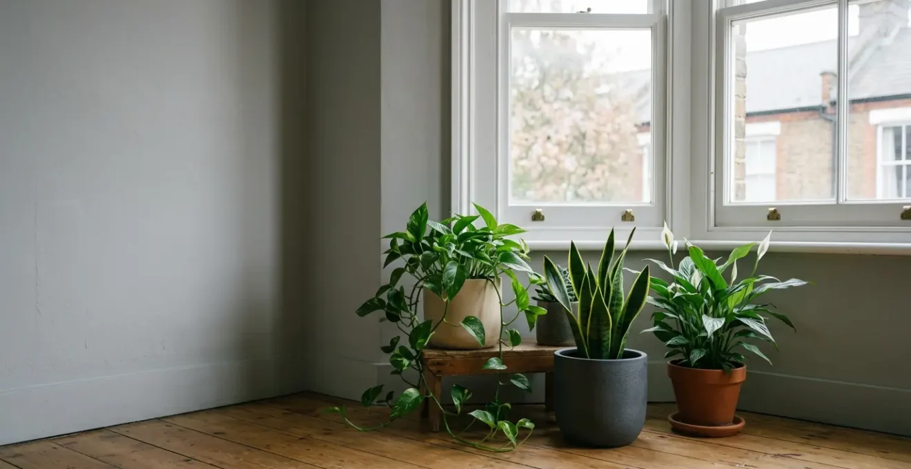 Indoor plants thriving near north-facing window in modern London apartment with natural diffused light
