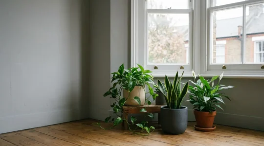 Indoor plants thriving near north-facing window in modern London apartment with natural diffused light
