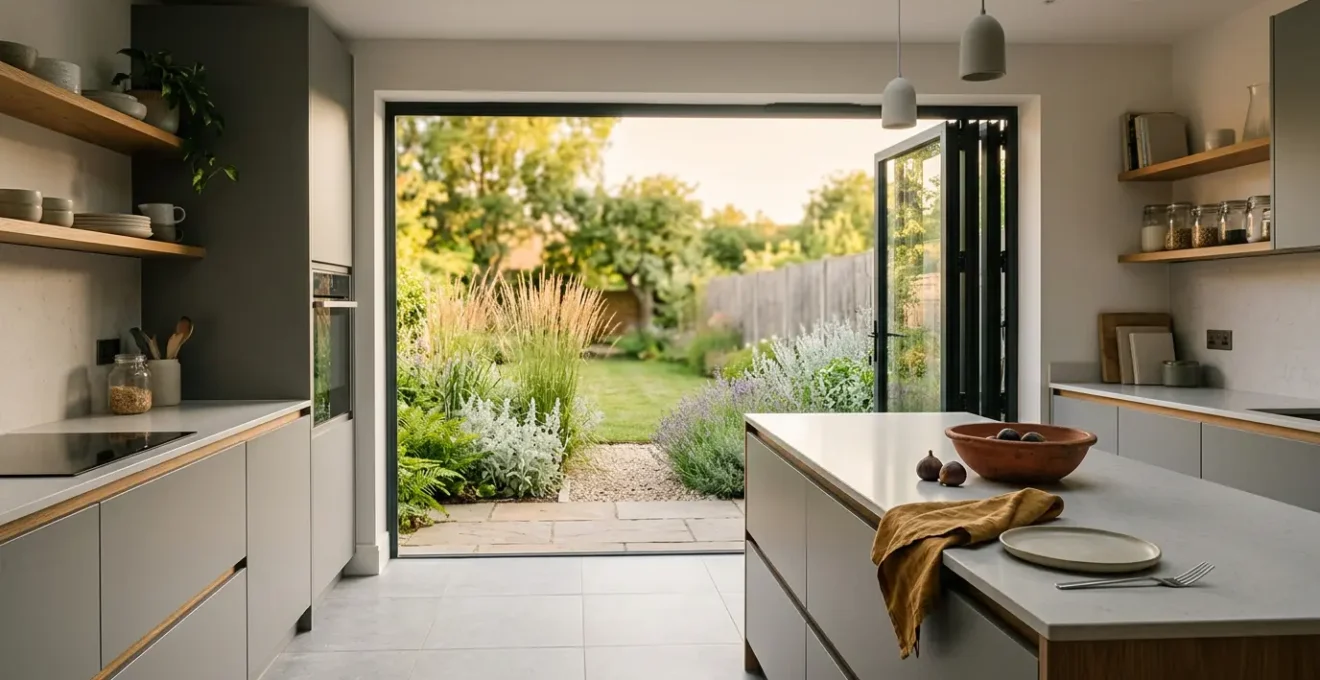 Contemporary open-plan kitchen extension with seamless indoor-outdoor flow through glass bifold doors, coordinated grey-ochre interior palette connecting to planted garden border