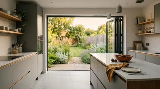 Contemporary open-plan kitchen extension with seamless indoor-outdoor flow through glass bifold doors, coordinated grey-ochre interior palette connecting to planted garden border