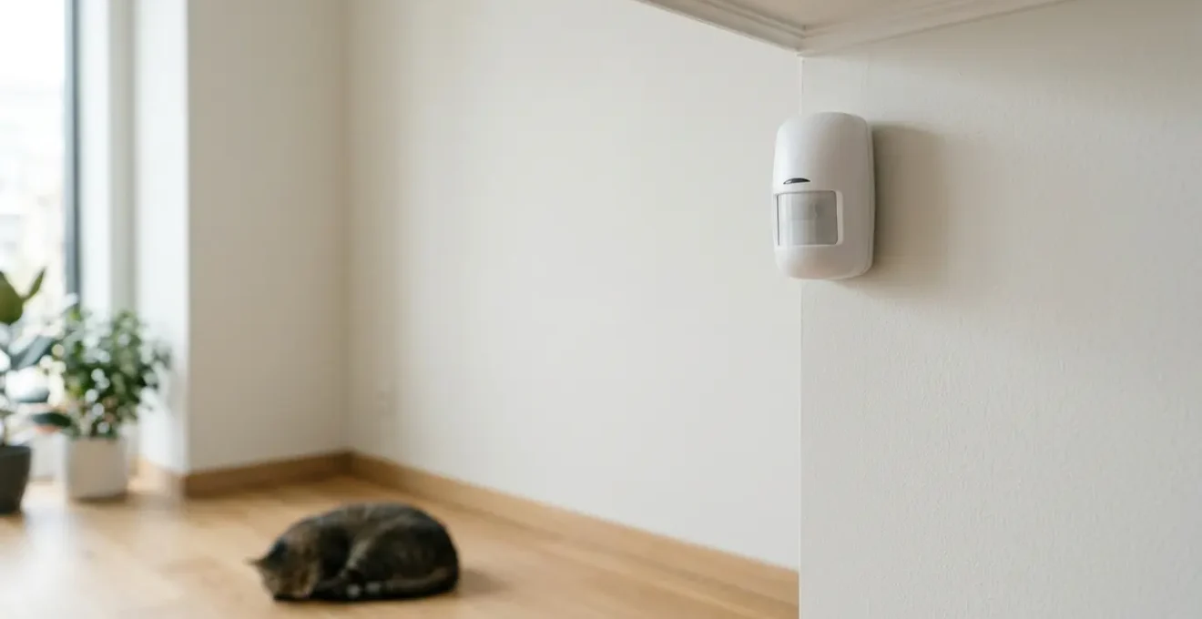 Modern motion sensor mounted high on wall with subtle infrared detection zones, showcasing professional home security setup designed to ignore pet movement
