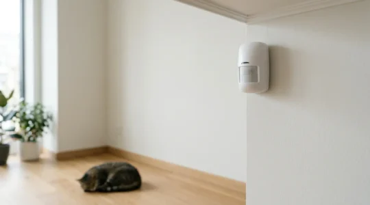 Modern motion sensor mounted high on wall with subtle infrared detection zones, showcasing professional home security setup designed to ignore pet movement