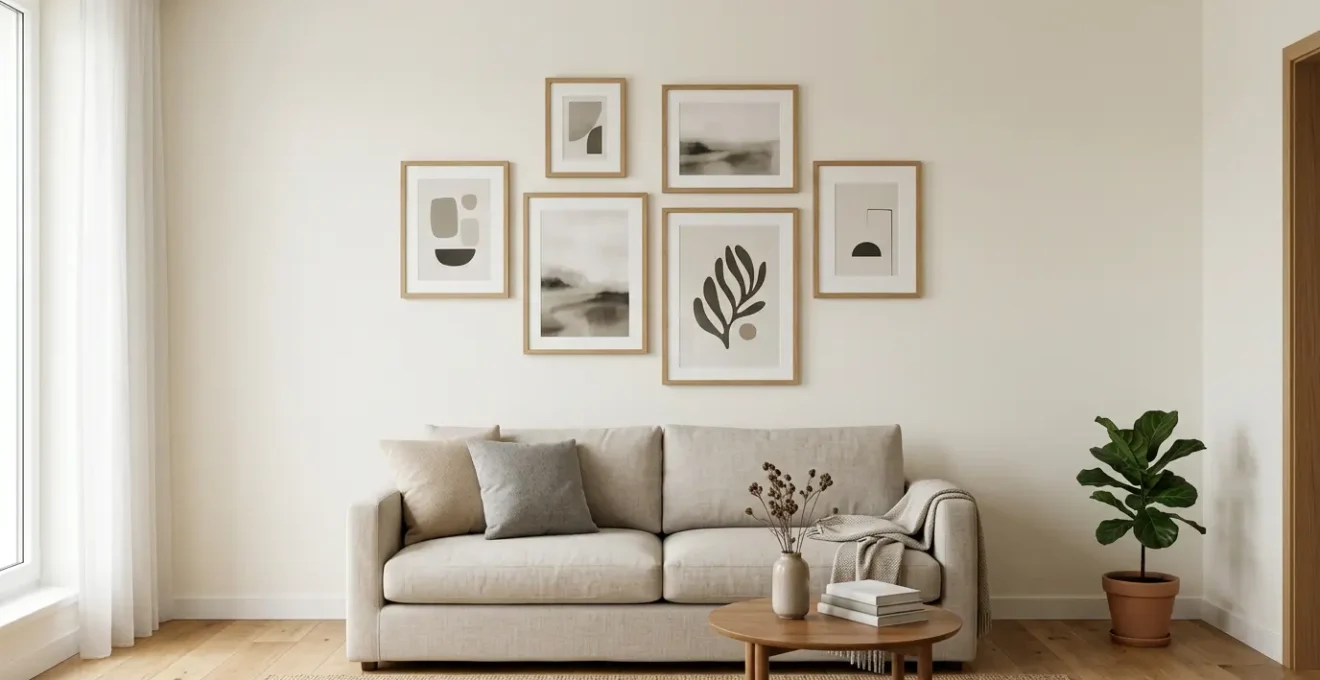 Modern living room with carefully arranged gallery wall above neutral sofa, demonstrating damage-free hanging methods in rental apartment