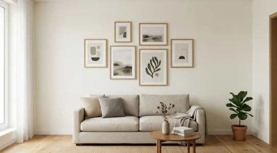 Modern living room with carefully arranged gallery wall above neutral sofa, demonstrating damage-free hanging methods in rental apartment
