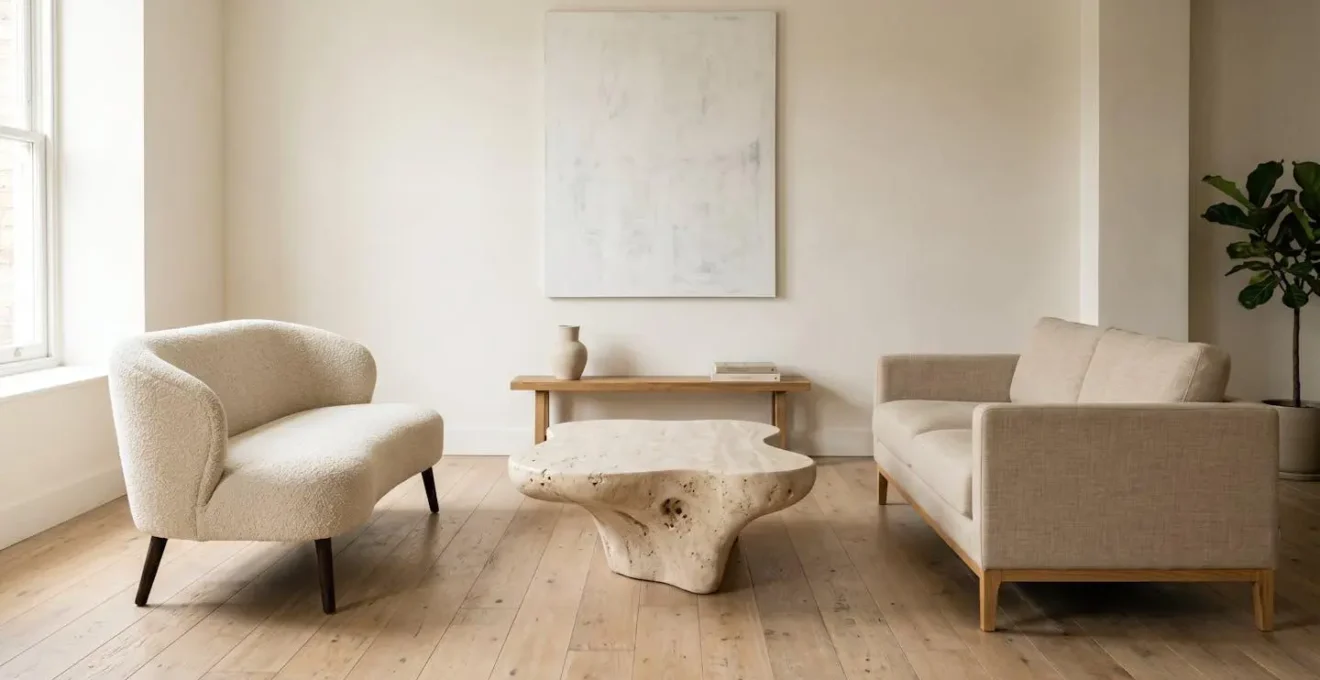 Modern living room showcasing a sculptural coffee table balanced with functional seating in a 20 square meter space