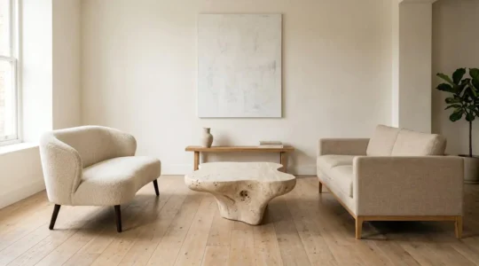 Modern living room showcasing a sculptural coffee table balanced with functional seating in a 20 square meter space