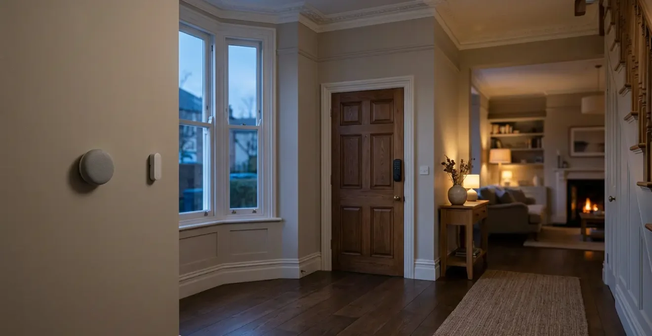 Modern UK home interior showing smart devices secured with layered digital protection measures