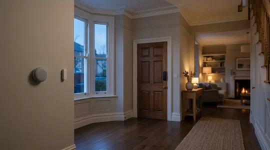 Modern UK home interior showing smart devices secured with layered digital protection measures