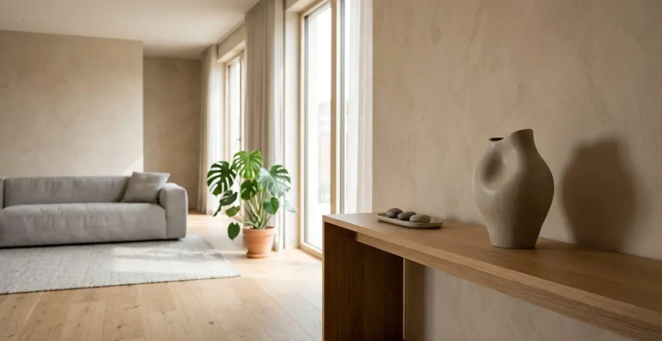 A single sculptural decorative object thoughtfully placed on a minimalist console table in a naturally lit living room, emphasizing negative space and visual weight