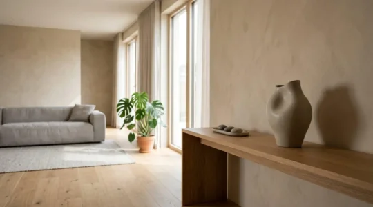 A single sculptural decorative object thoughtfully placed on a minimalist console table in a naturally lit living room, emphasizing negative space and visual weight