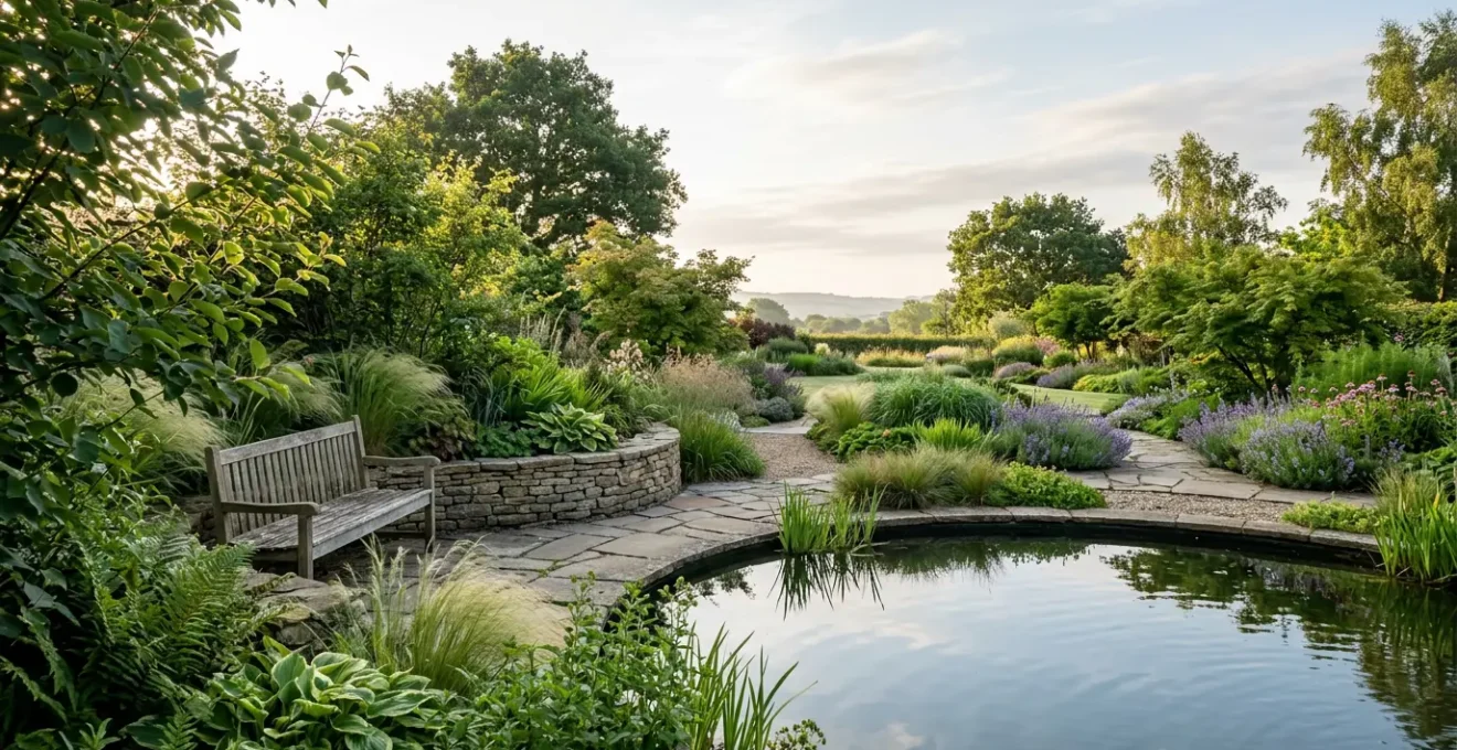 A serene therapeutic garden with layered refuge spaces and natural water features creating a calming sanctuary for stress relief