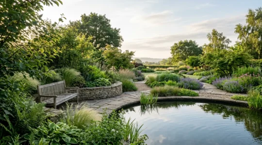 A serene therapeutic garden with layered refuge spaces and natural water features creating a calming sanctuary for stress relief