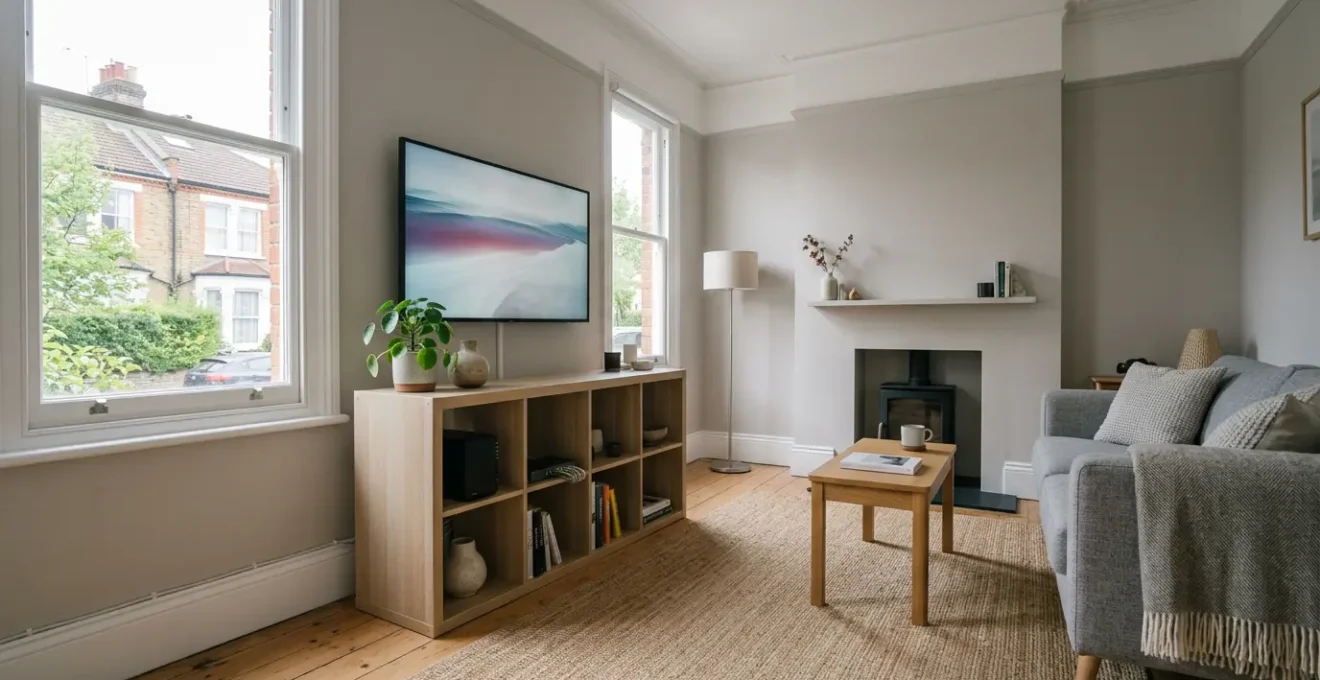 Modern UK living room with discreet media server equipment integrated into home decor