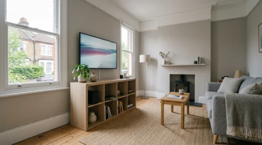 Modern UK living room with discreet media server equipment integrated into home decor
