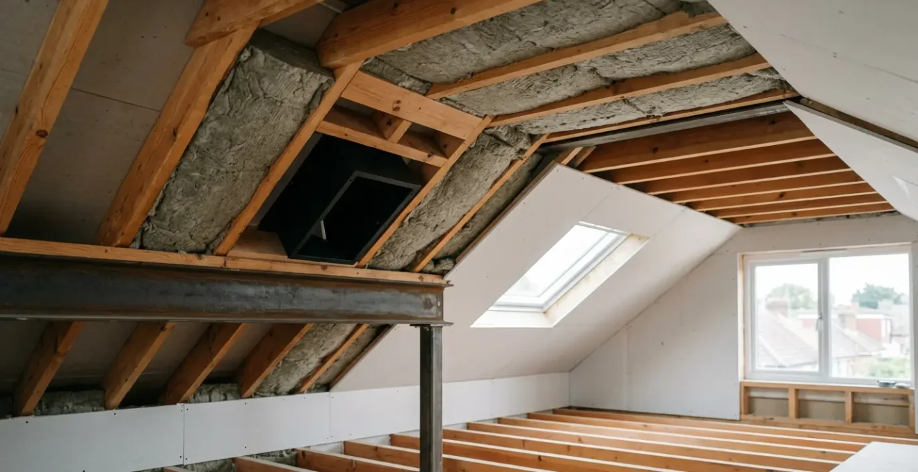 Architectural cross-section diagram showing in-ceiling speaker placement in a modern UK loft conversion with exposed wooden joists and acoustic insulation