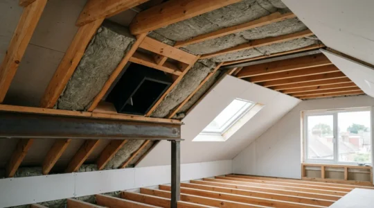 Architectural cross-section diagram showing in-ceiling speaker placement in a modern UK loft conversion with exposed wooden joists and acoustic insulation