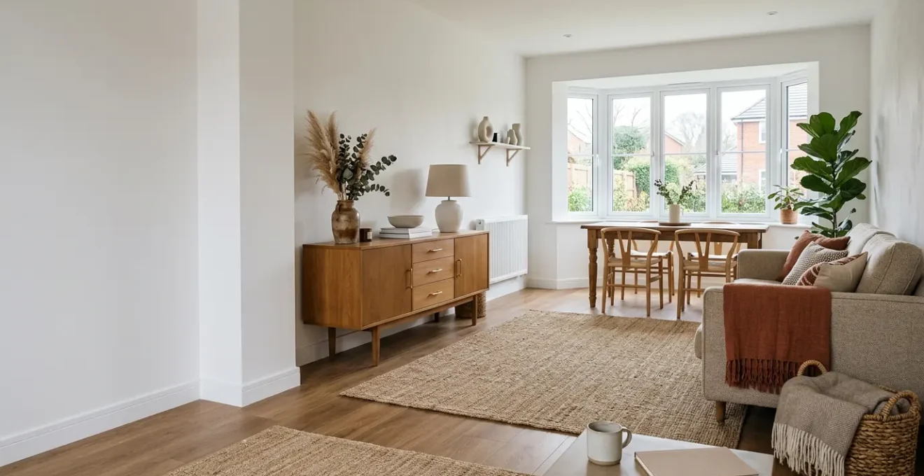 Modern UK new-build living space with personalised touches showing how neutral developer finishes can be uniquely styled within budget