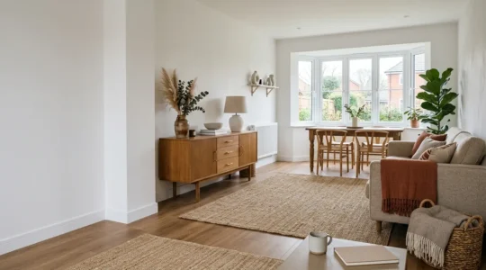 Modern UK new-build living space with personalised touches showing how neutral developer finishes can be uniquely styled within budget