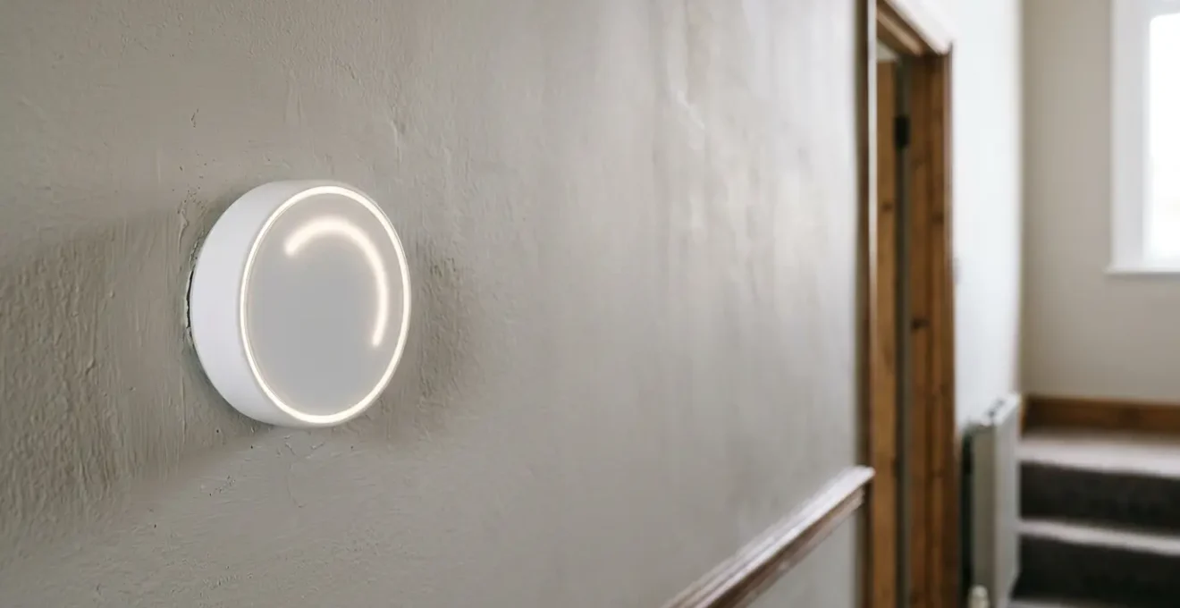 Modern smart thermostat mounted on a UK home wall with natural ambient lighting showing temperature control interface