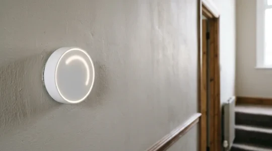 Modern smart thermostat mounted on a UK home wall with natural ambient lighting showing temperature control interface