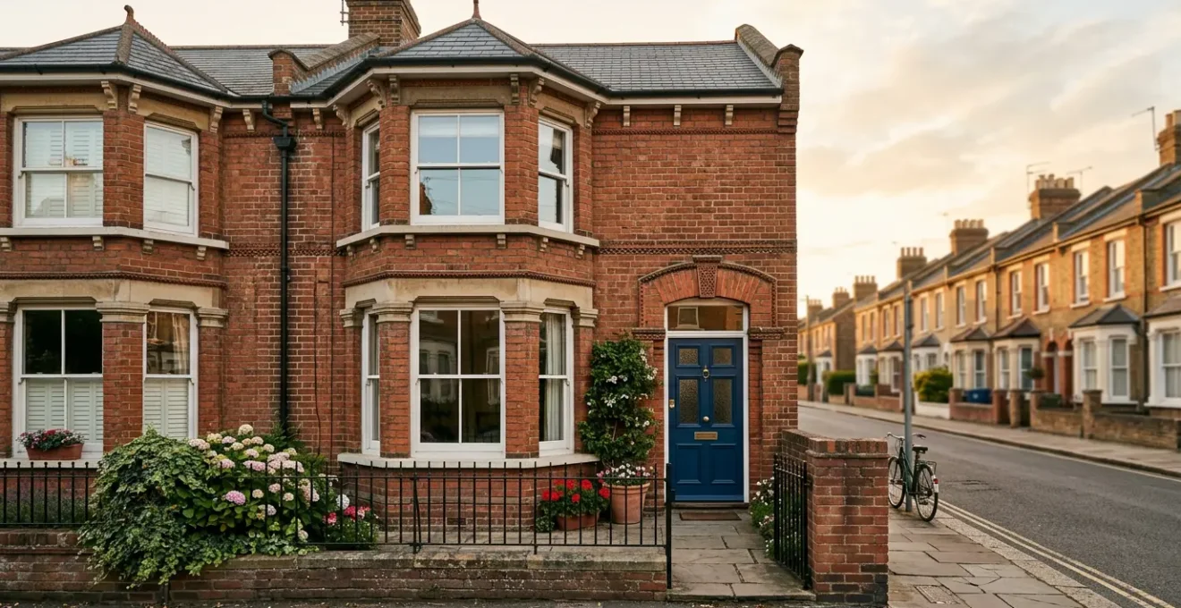 Modern UK terraced house exterior showcasing architectural details and renovation potential