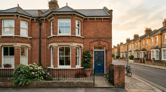 Modern UK terraced house exterior showcasing architectural details and renovation potential
