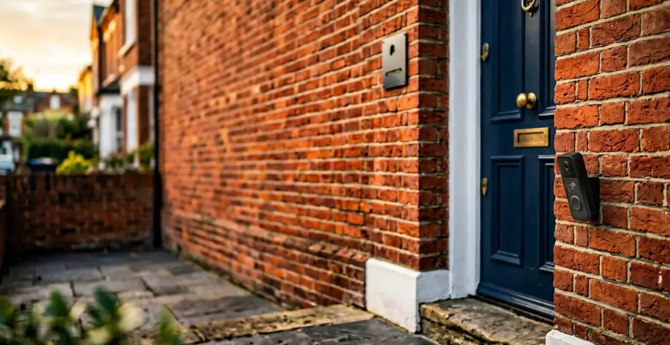 Modern video doorbell mounted on UK brick terraced house entrance showing privacy-conscious installation angle