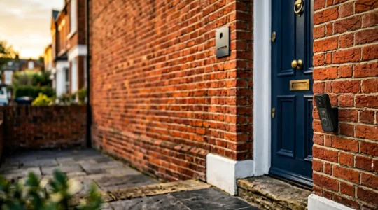 Modern video doorbell mounted on UK brick terraced house entrance showing privacy-conscious installation angle