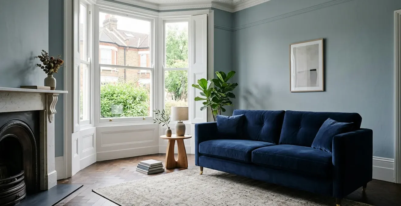 Elegant velvet sofa in pristine condition in a bright UK living room setting