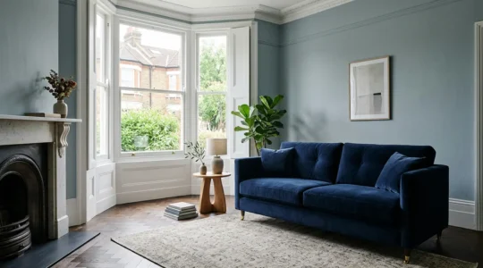 Elegant velvet sofa in pristine condition in a bright UK living room setting