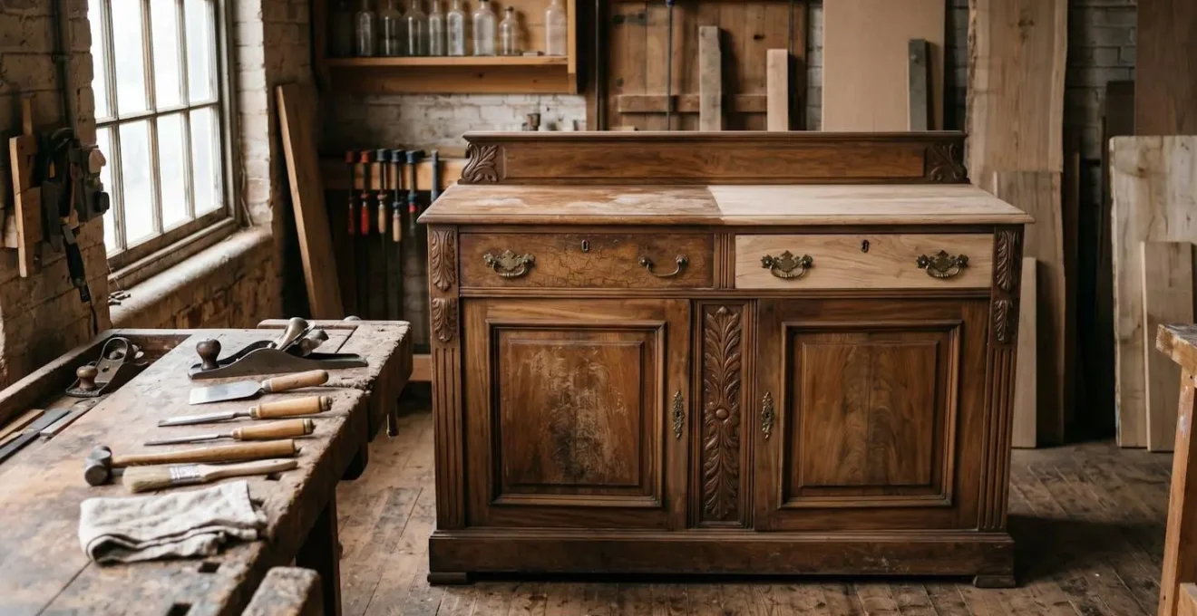 Victorian sideboard restoration preserving original woodwork character and patina