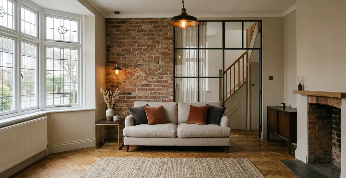 Cosy 1930s semi-detached living room blending period character with industrial accents, warm textures and natural light