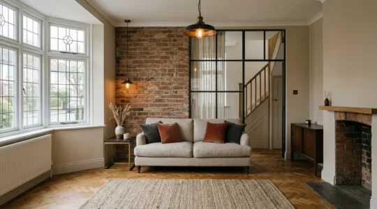 Cosy 1930s semi-detached living room blending period character with industrial accents, warm textures and natural light