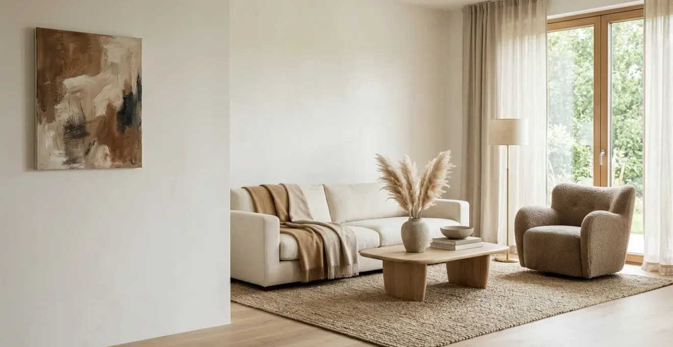 Serene minimalist living room with warm textures and inviting atmosphere bathed in natural light