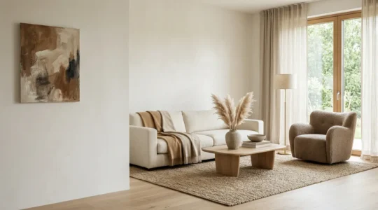 Serene minimalist living room with warm textures and inviting atmosphere bathed in natural light