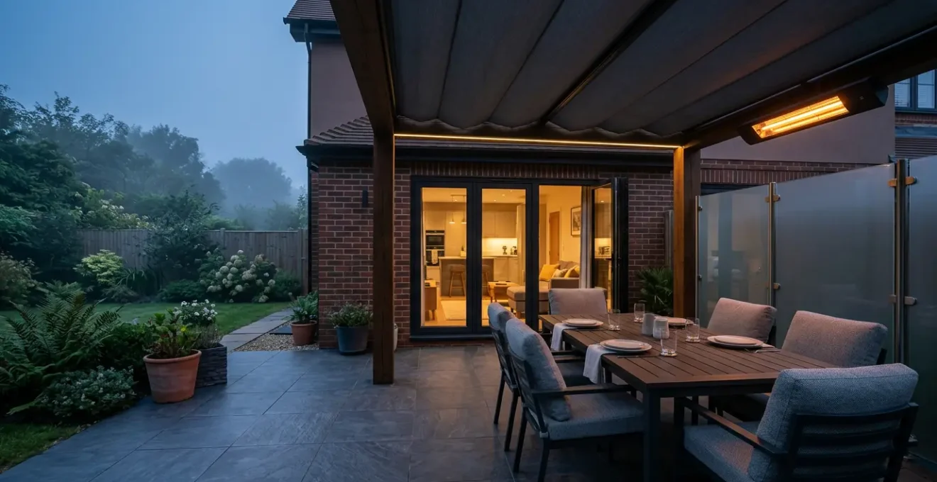 Sheltered British patio with warmth solutions for extended seasonal outdoor living