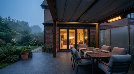 Sheltered British patio with warmth solutions for extended seasonal outdoor living