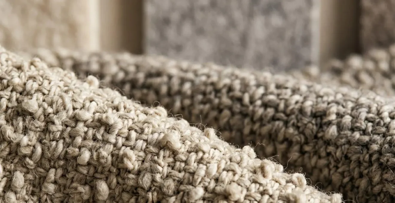Layered acoustic solutions in UK new-build open-plan space showing fabric-backed dining chairs thick rug and textile wall art absorbing sound