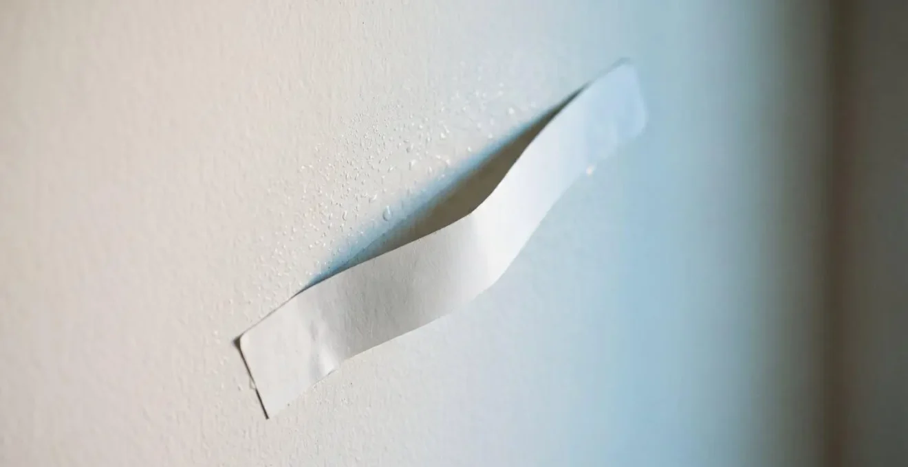Symbolic composition showing adhesive strip peeling away from painted wall surface with visible moisture condensation and temperature gradient effects