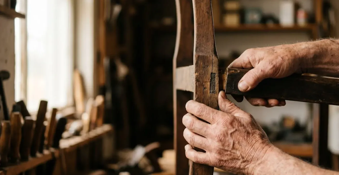 Hand applying pressure to antique furniture joint to test structural integrity before restoration
