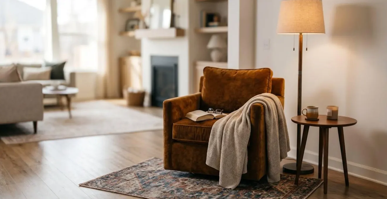 A statement chair thoughtfully anchored with complementary furnishings including a side table and floor lamp, demonstrating proper spatial vignette arrangement