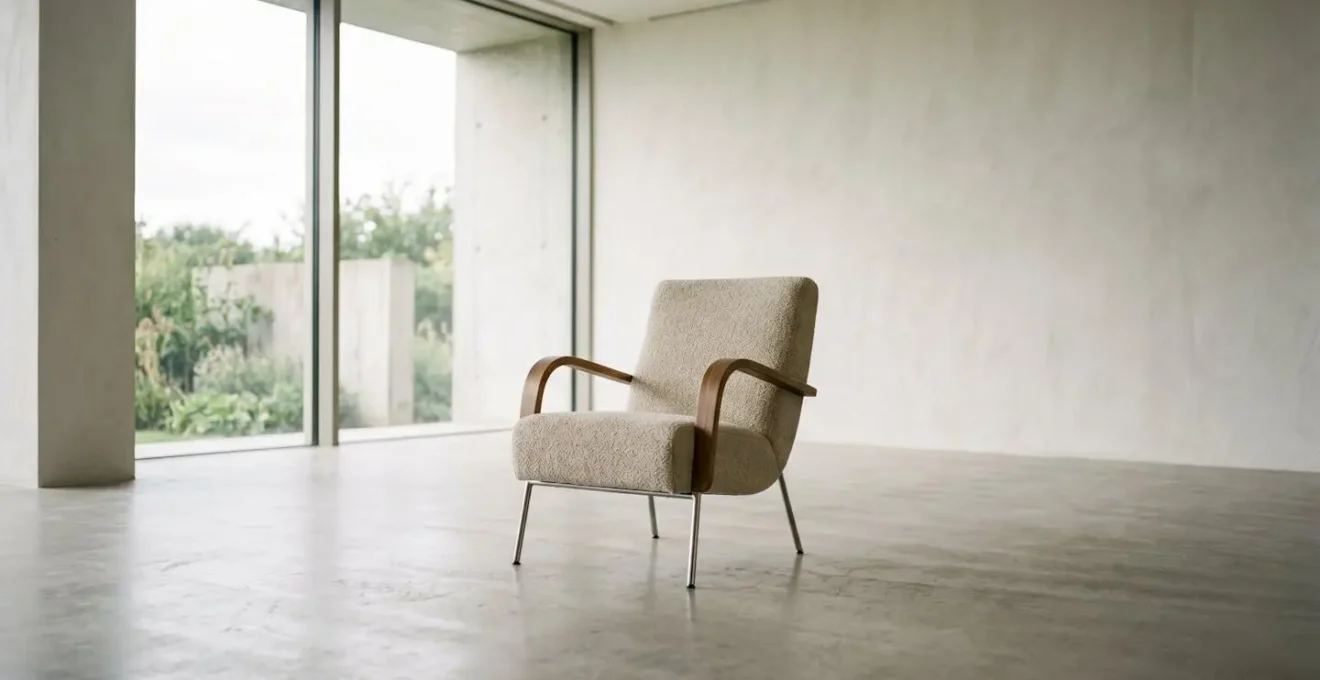 A carefully positioned statement chair in a spacious room demonstrating the importance of negative space and visual breathing room around furniture