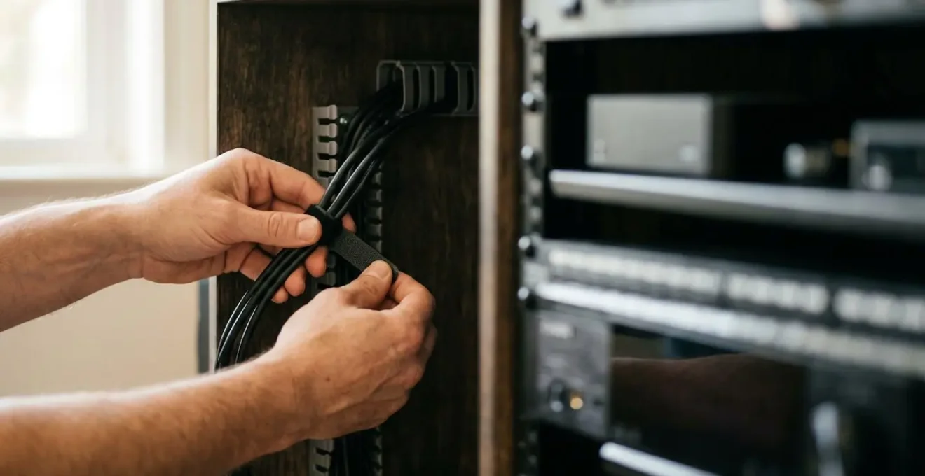 Human hands carefully organizing cable management system inside custom joinery cabinet with tech equipment