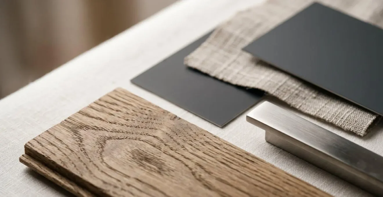 Curated collection of wood flooring samples, metal hardware finishes and paint color swatches arranged on neutral surface for phased renovation planning