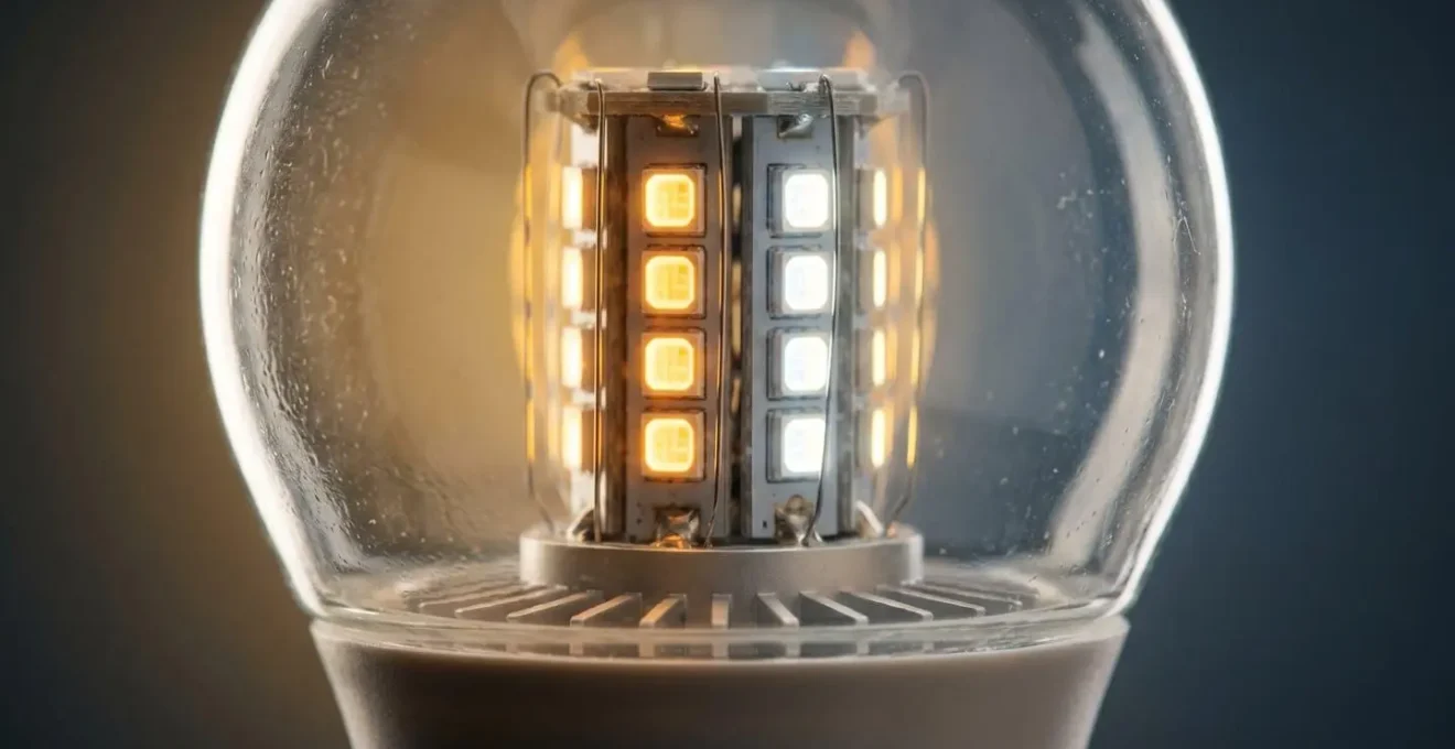 Close-up of LED smart bulb glowing with gradient from warm amber to cool blue light against clean background