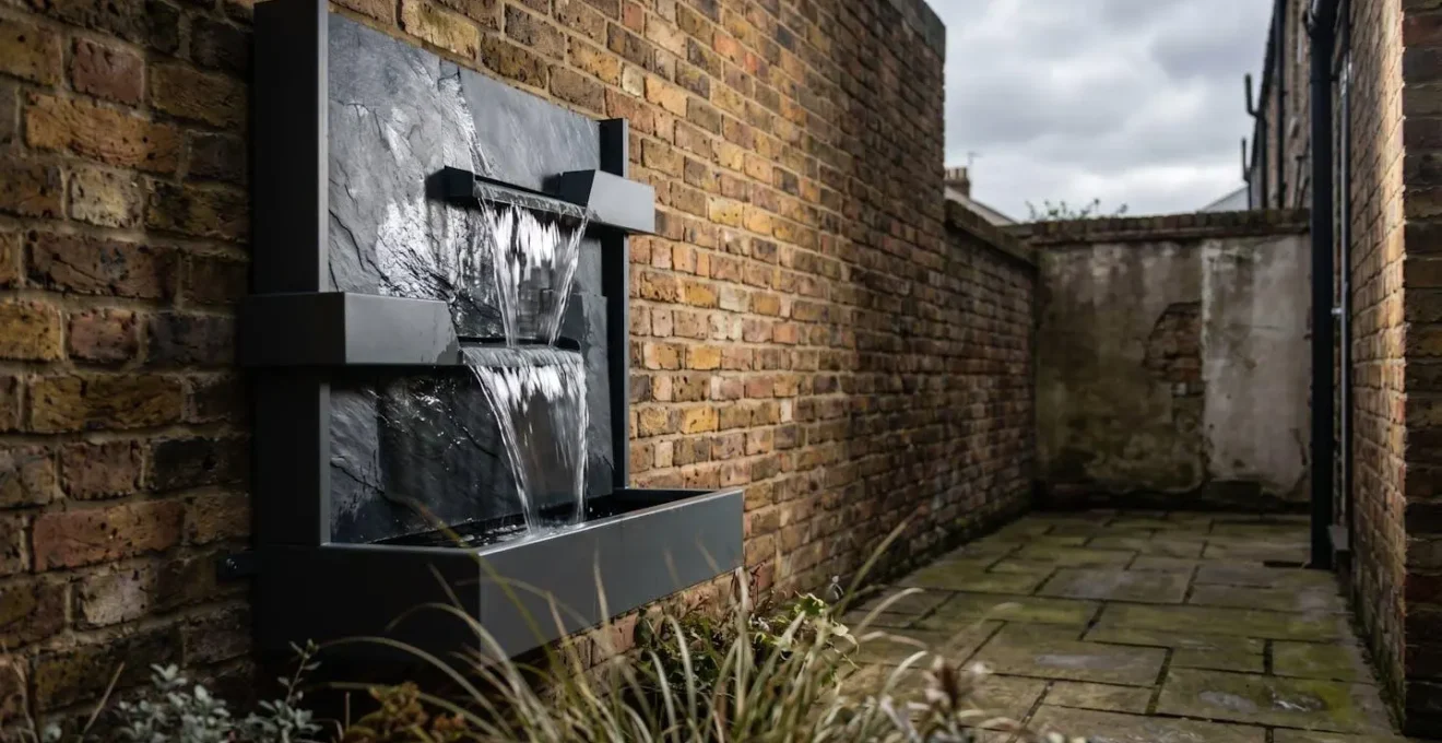 Narrow wall-mounted water feature in small urban courtyard garden with cascading water creating ambient sound masking for city traffic noise