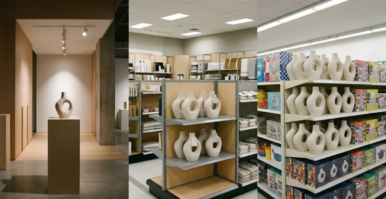 A visual metaphor showing the journey of a home decor trend from high-end design showroom to discount retailer.