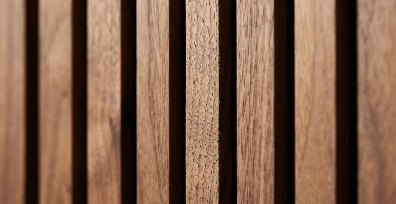 Close-up detail of decorative wood wall panelling adding texture and character to interior space